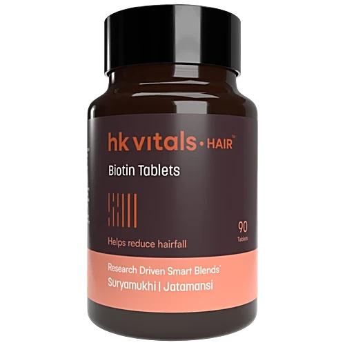  "HealthKart HK Vitals Biotin bottle, highlighting its key benefits for promoting healthy hair, skin, and nails. The label emphasizes its role in strengthening hair, improving skin texture, and supporting overall beauty and wellness|BIOTIN TABLETS|hair growth supplements|healthymap.in
