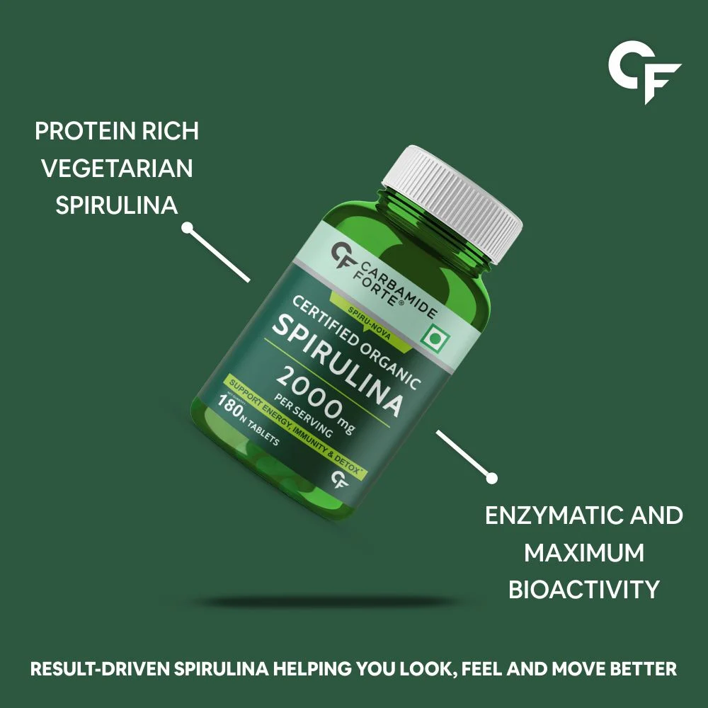 "Bottle of Spirulina Tablets, showcasing its benefits as a natural superfood. The label highlights rich nutrients like protein, vitamins, and antioxidants, supporting energy, immunity, and overall wellness|healthymap.in