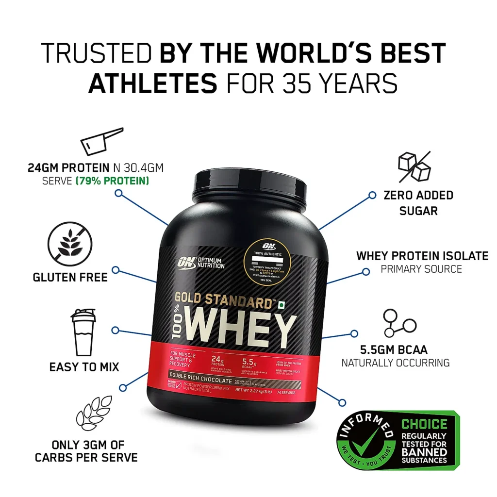 A tub of Optimum Nutrition (ON) Gold Standard 100% Whey Protein Powder in Double Rich Chocolate flavor, known for high-quality protein, ideal for muscle recovery and building|BEST WHEY PROTEIN POWDER|vegetarian whey protein|healthymap.in