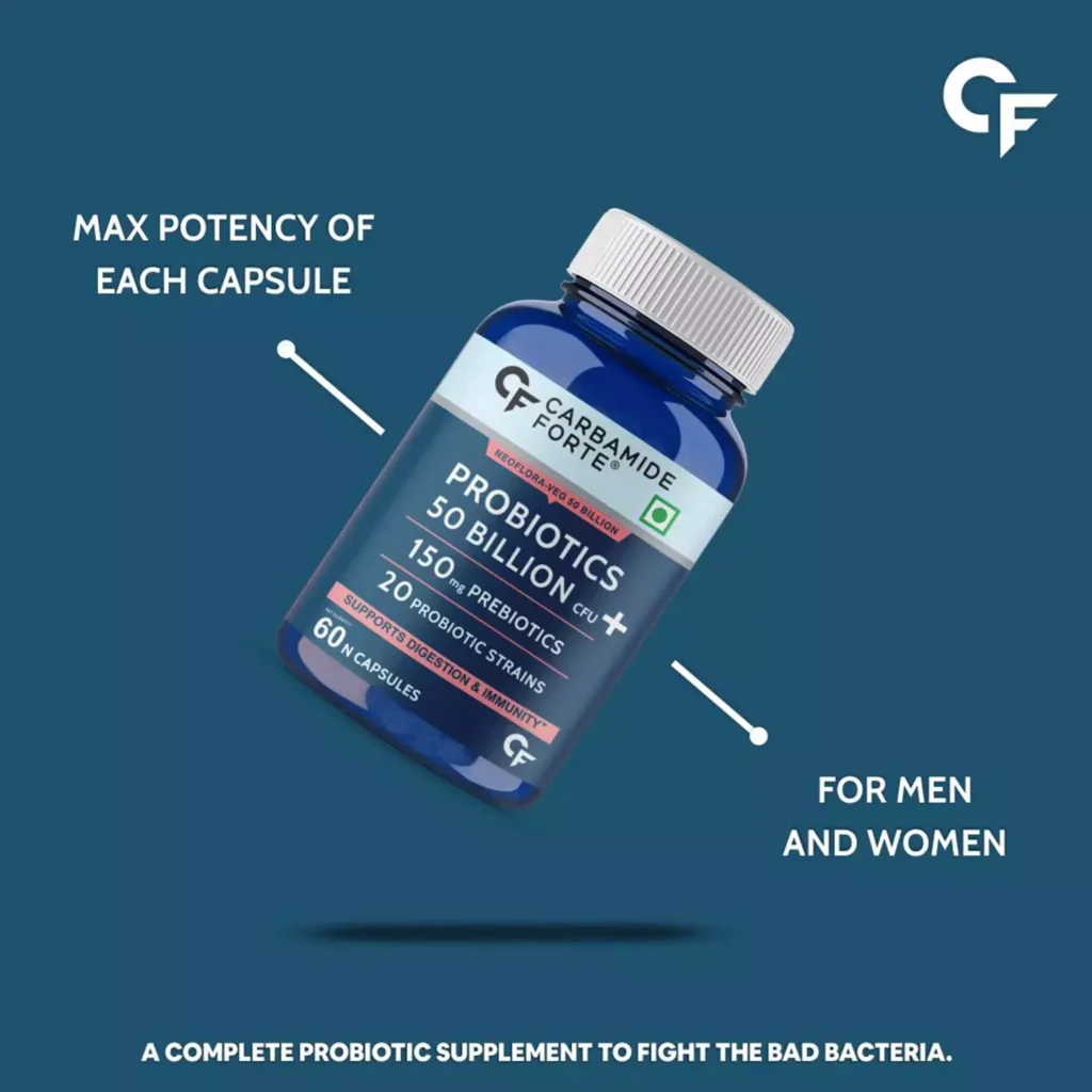 Carbamide Forte Probiotics Supplement bottle with 50 Billion CFU, highlighting its advanced formula for gut health. The label emphasizes benefits like improved digestion, enhanced immunity, and better nutrient absorption, making it a comprehensive probiotic solution| BEST PROBIOTIC FOR MEN AND WOMEN|healthymap.in