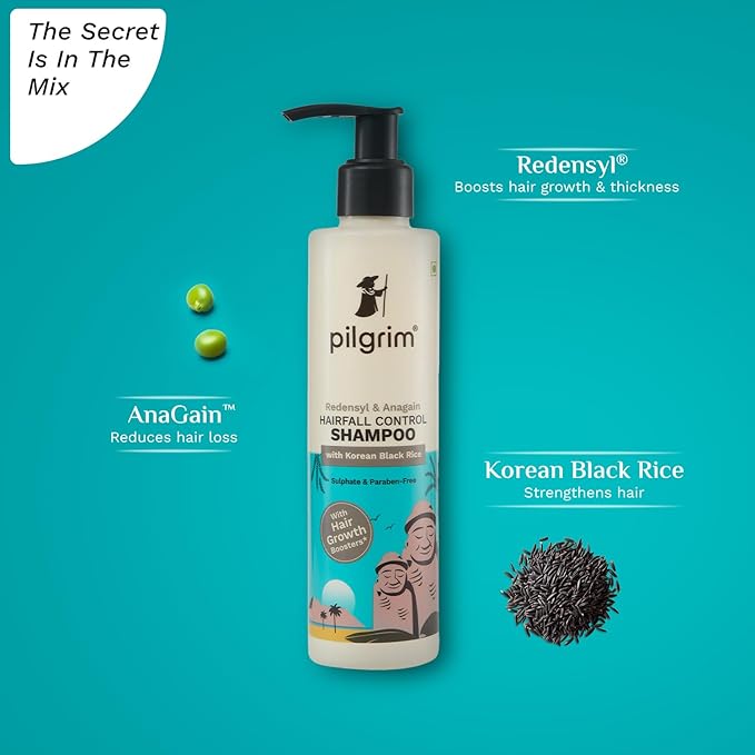 Pilgrim Redensyl & Anagain Hairfall Control Shampoo – Infused with Redensyl, Anagain, and Korean Black Rice to reduce hair fall, strengthen roots, and promote hair growth. Suitable for all hair types|healthymap.in