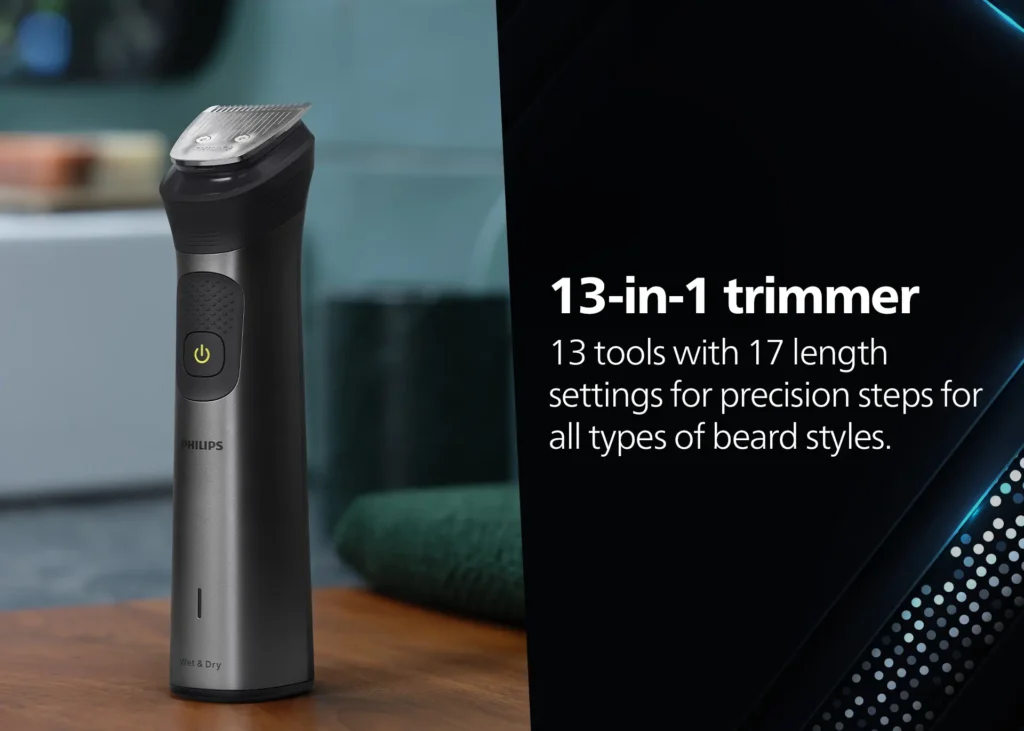 Philips MG7920/65 13-in-1 men’s trimmer with all attachments displayed