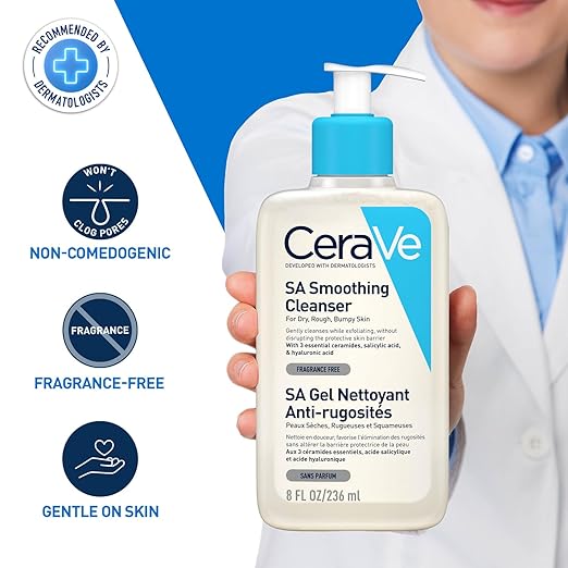 CeraVe SA Smoothing Cleanser 236ml bottle for dry, rough, and bumpy skin care| best salicylic acid face wash